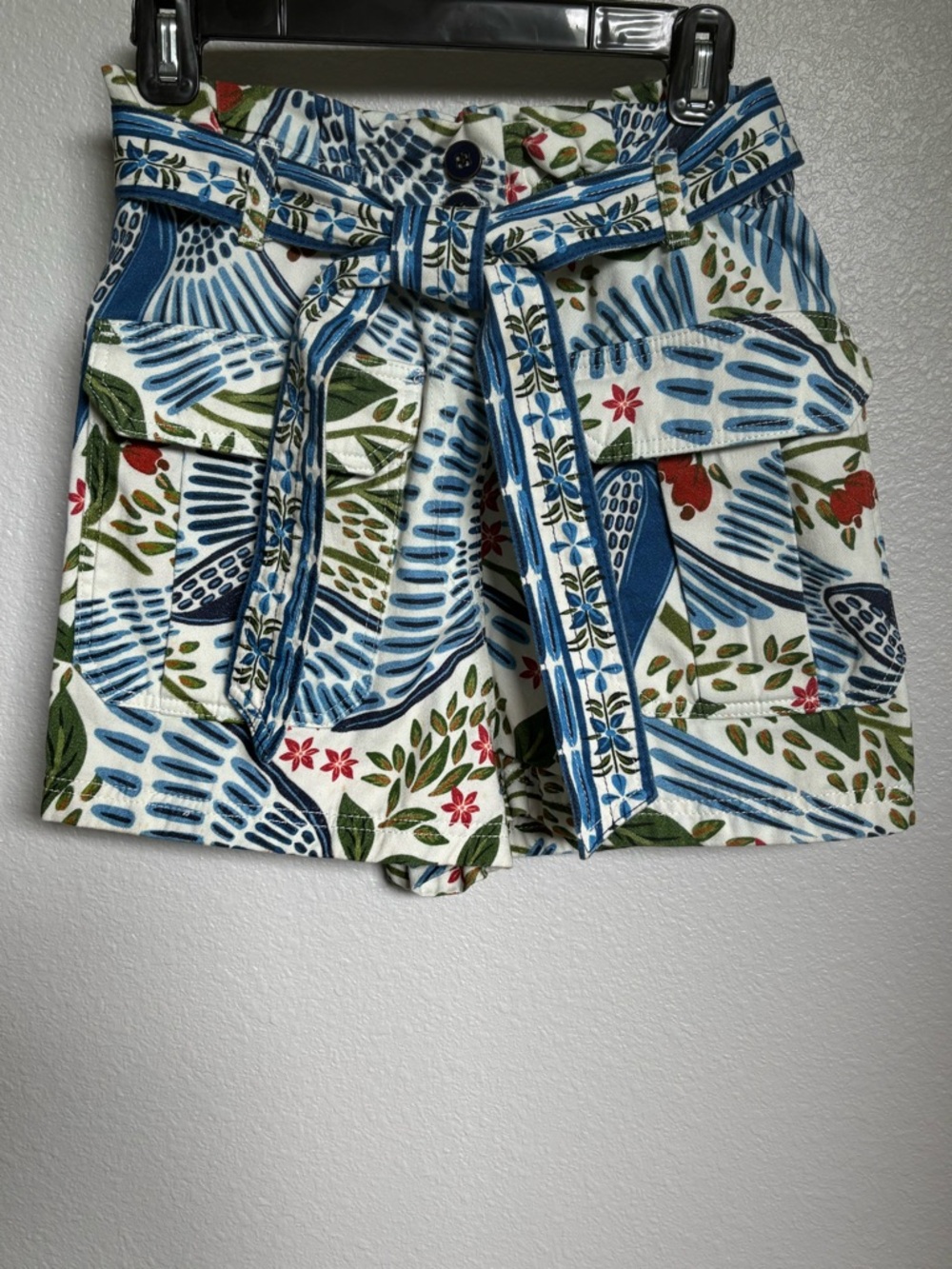 FARM Rio Floral Belted High-Waist Shorts in Blue, Green & Red
